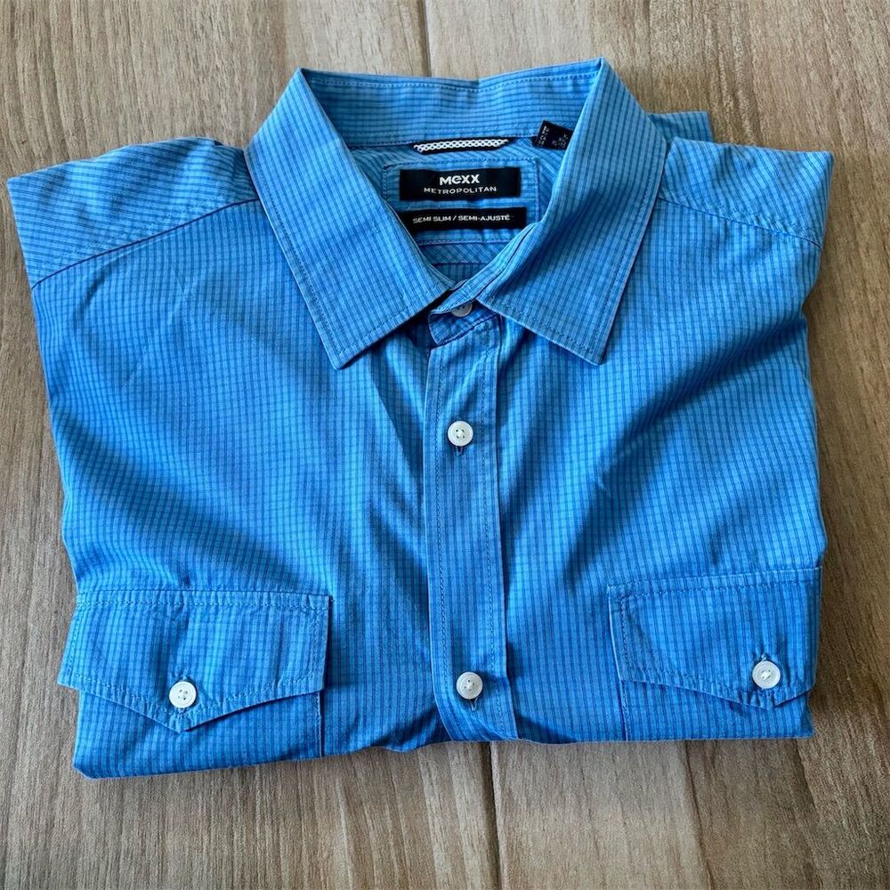 Mexx Men's XL Blue Check Slim Fit Long Sleeve Button-Up Shirt